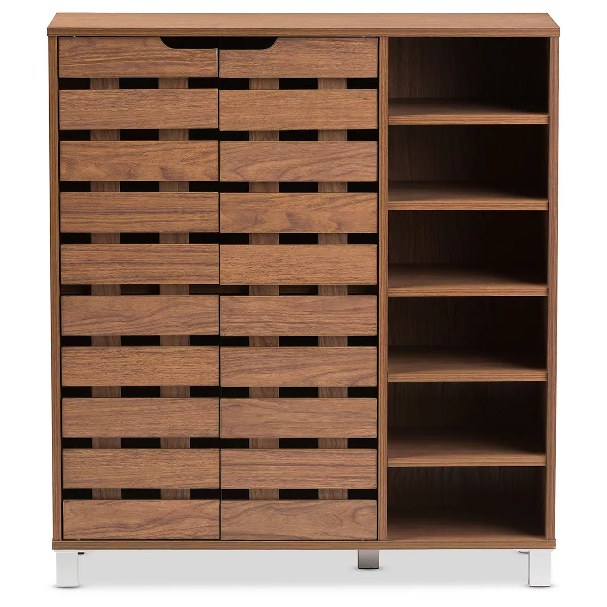 Modern and Contemporary 2 Door Shoe Cabinet with Open Shelves Walnut Brown: Entryway Organizer, 24-Pair Storage