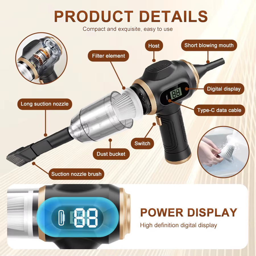 BELIBUY 2-in-1 High-Powered Car Vacuum Cleaner and Blower for Efficient Cleaning of Seats, Mats, and Trunk Dust, Portable Design