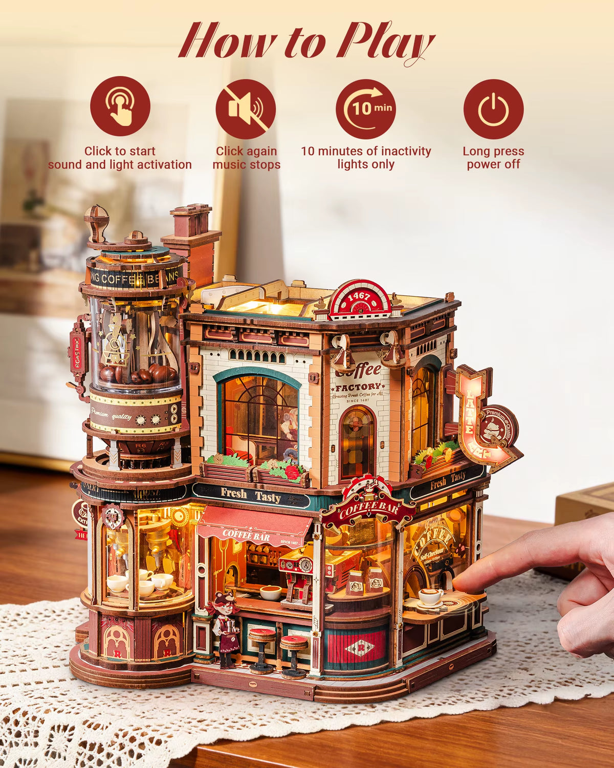 ROKR Wooden 3D Puzzle Dream Coffee Factory Music Box Model Building Kit - 593-Piece DIY Miniature House with LED Light, Unique Home Decor Gift for Adults and Women