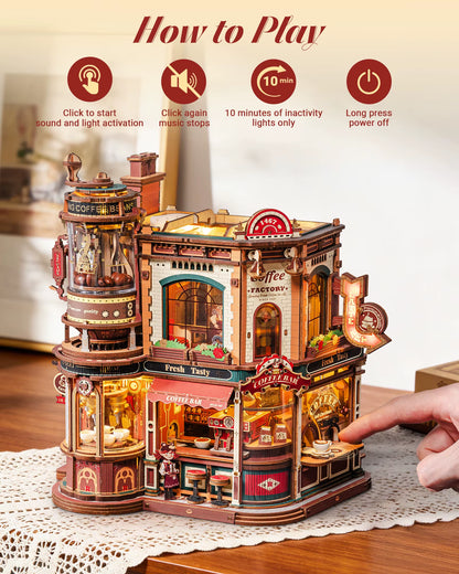 ROKR Wooden 3D Puzzle Dream Coffee Factory Music Box Model Kit - 593-Piece DIY Miniature House with LED Light - Unique Home Decor Gift for Adults and Women