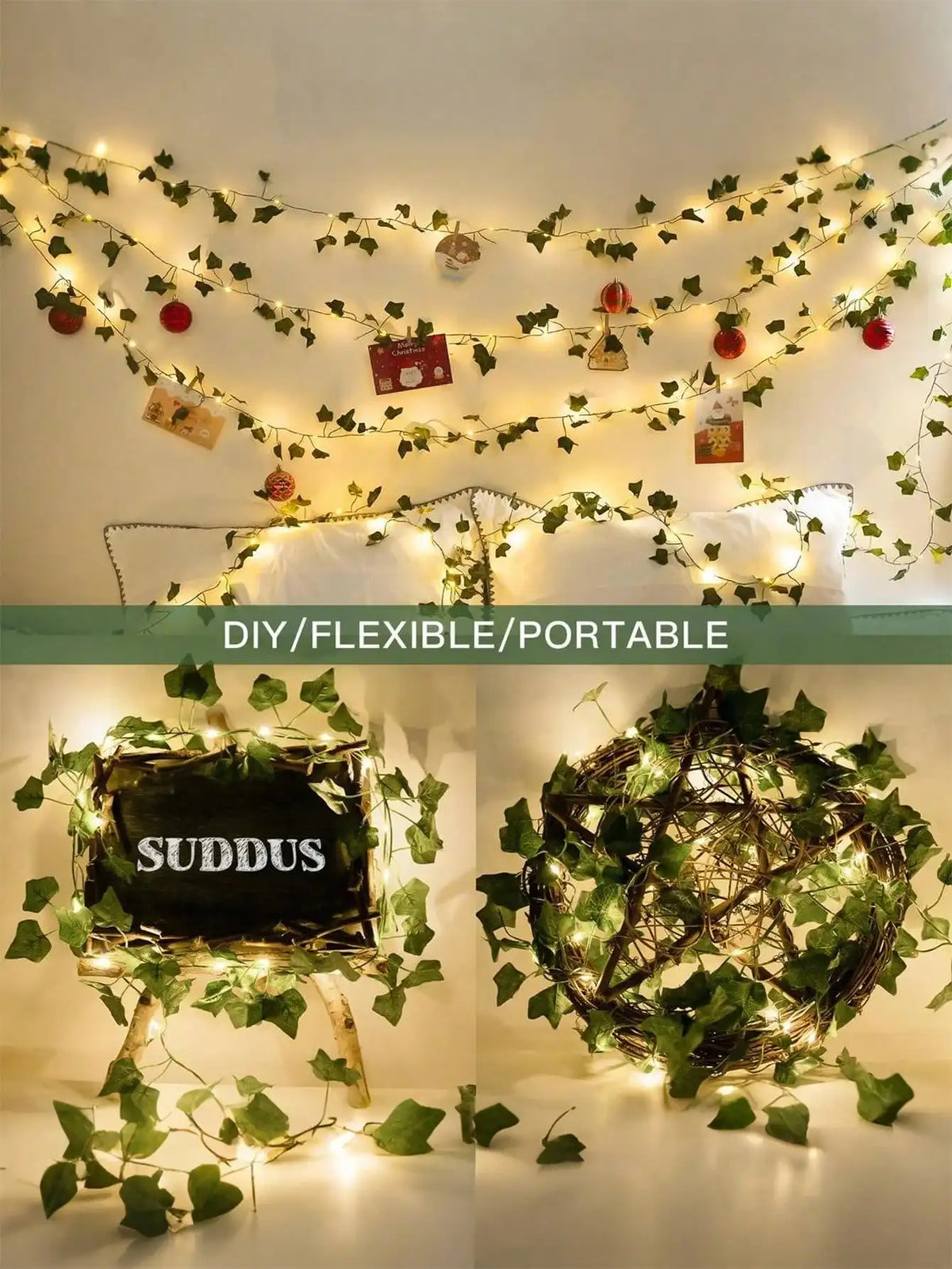 32.81 Ft Battery-Powered 100 LED Ivy String Lights with Leaf Design for Home and Garden Decor, Ideal for Bedrooms, Walls, and Parties