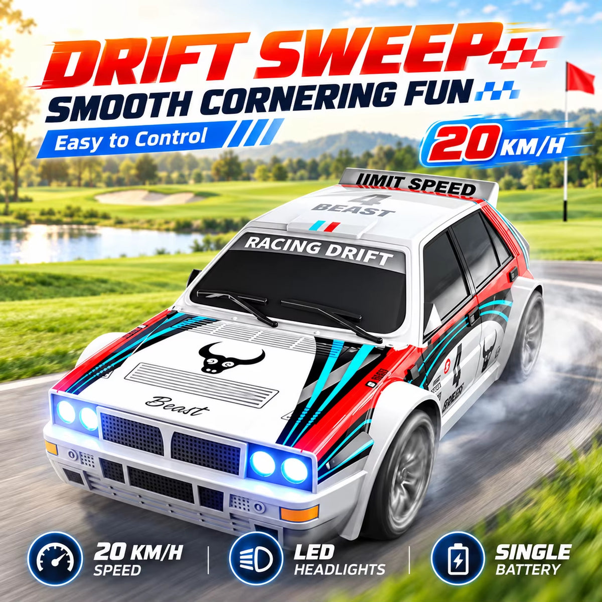ZNLYRION 1:24 Scale RC Drifting Race Car - 4WD, Adjustable Speed (20Km/H), Includes Spare Drift Tires, LED Headlights and Taillights, Ideal for Boys and Adults