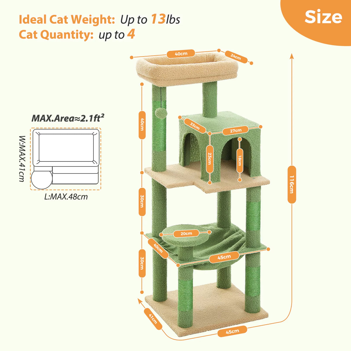 Indoor Cat Tree, 5-Tier Cat Tower for Large Cats with Metal Frame, Spacious Hammock, and Elevated Perch