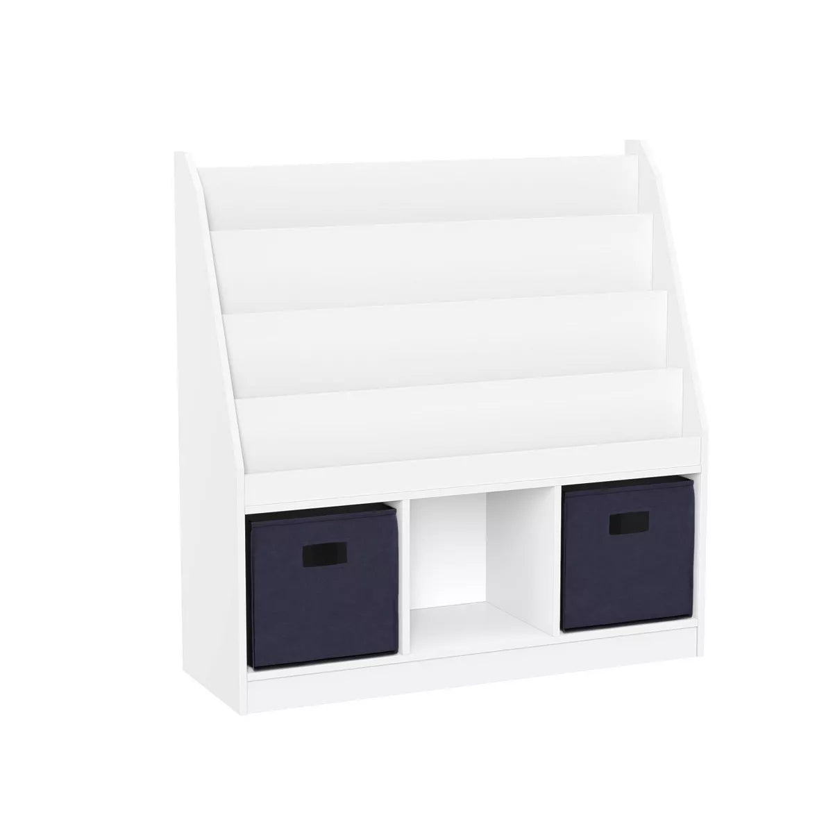 Children's Playroom Bookrack with Three Toy Organizer Cubbies and Four Bookshelves in White with Two Fabric Bins