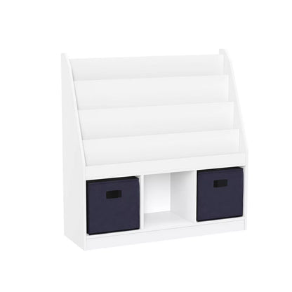 Children's Playroom Bookrack with Three Toy Organizer Cubbies and Four Bookshelves in White with Two Fabric Bins