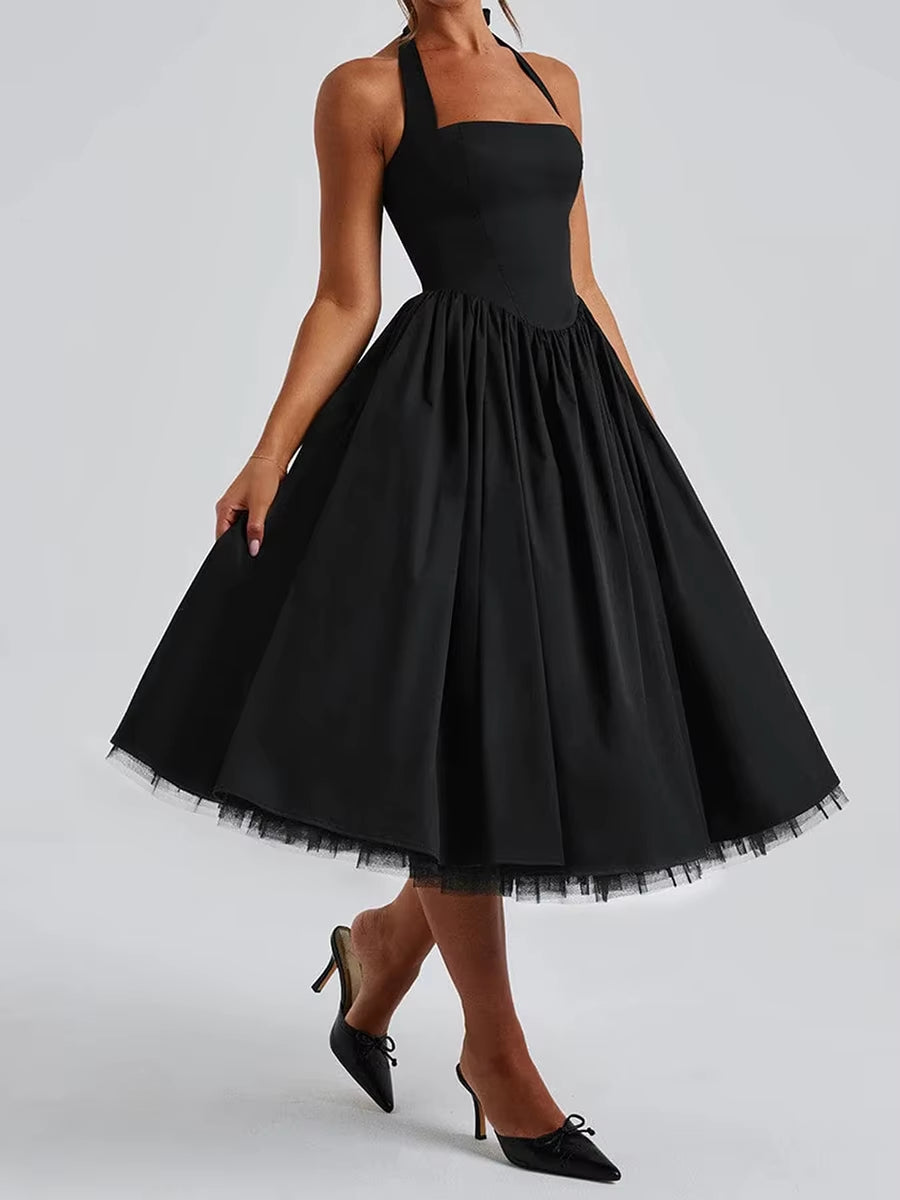 Elegant Sleeveless Midi Dress with Tie-Up Halter Neck and Open Back Women S A-Line Tank Dress in Solid Color Cross Design