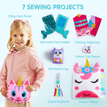 JOYFY 7-In-1 Kids Sewing Kit - Beginner-Friendly DIY Arts and Crafts for Girls, Perfect for Birthdays and Christmas, Featuring Unicorn and Mermaid Designs