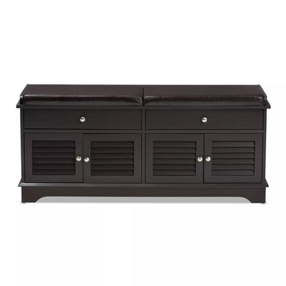 Leo Modern Contemporary Wood Shoe Storage Bench with Upholstered Seat and Ventilated Cabinet in Dark Brown - Baxton Studio