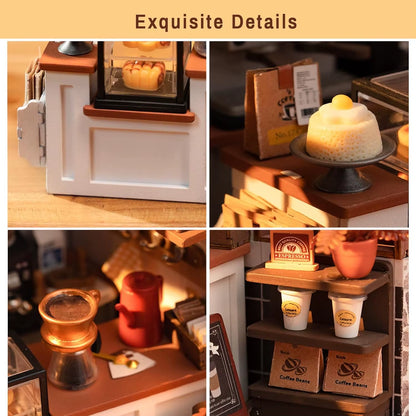 Robotime DIY Wooden Dollhouse Set NO.17 Coffee Model Building Set with Accessories and LED Model Kit for Adult and Children