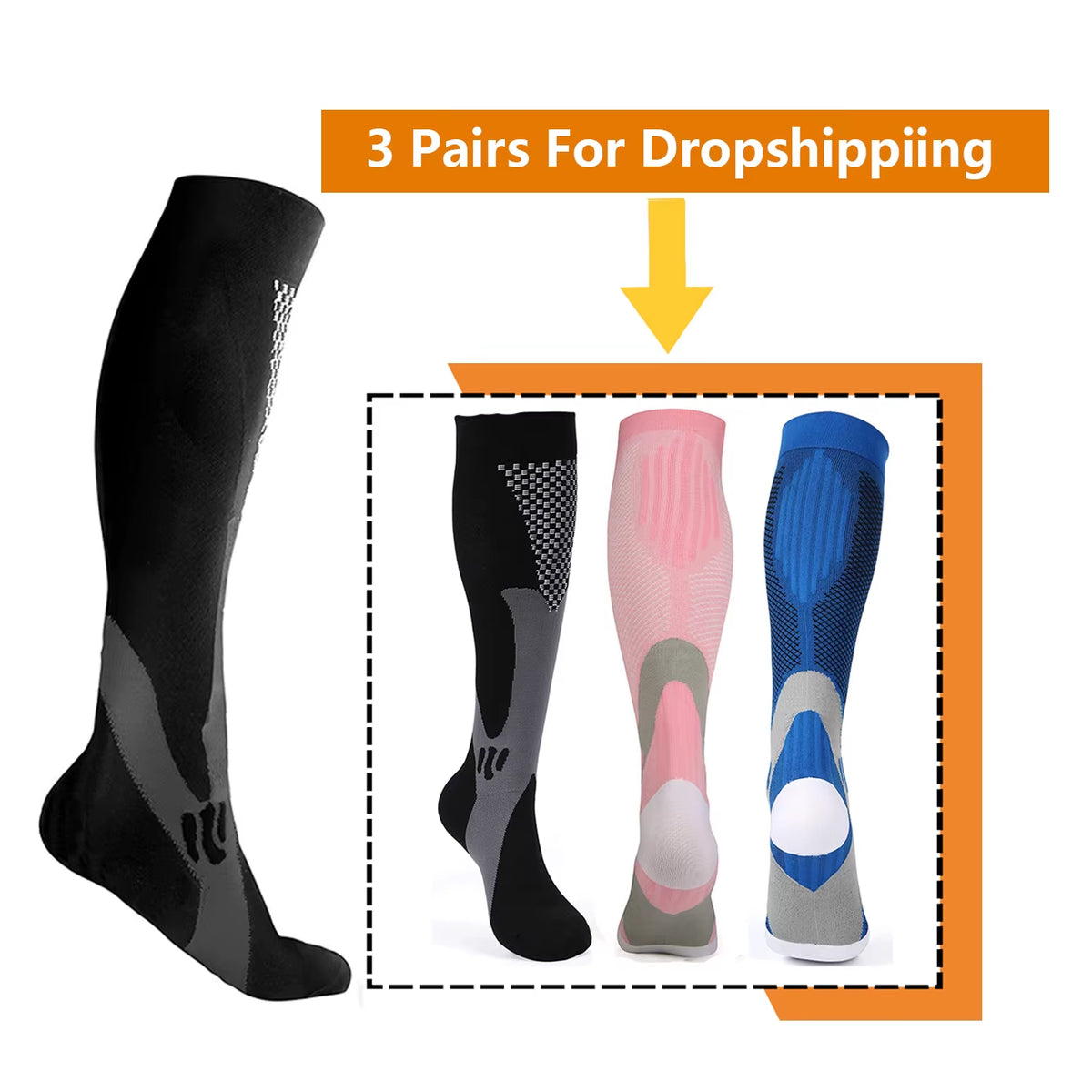 Brothock Athletic Compression Socks - 20-30 mmHg - 3 Pairs for Dropshipping - Nylon Medical Nursing Stockings