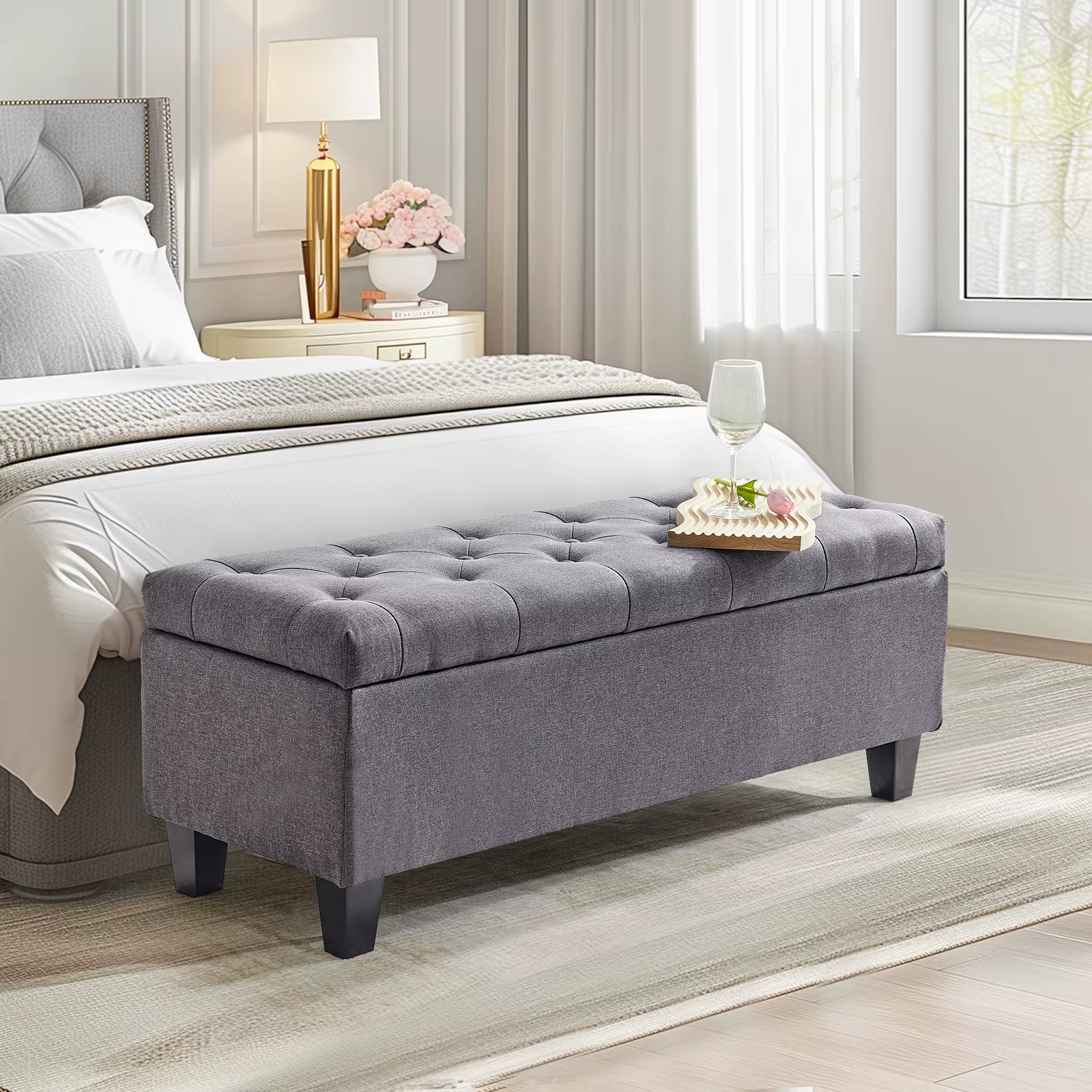 Redlife 42'' Storage Ottoman Bench, Tufted Entryway Bedroom Bench Footrest Stool W/ Flipping Lid Safety Hinge 66 L Storage Space