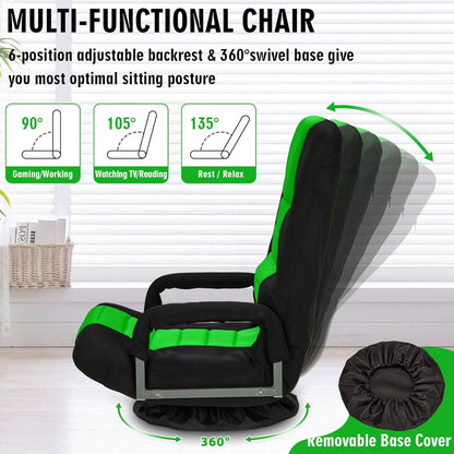 Swivel Floor Gaming Chair W/Armrests,Folding Video Reclining Sofa W/6 Adjustable Position, Padded Backrest & Cushion