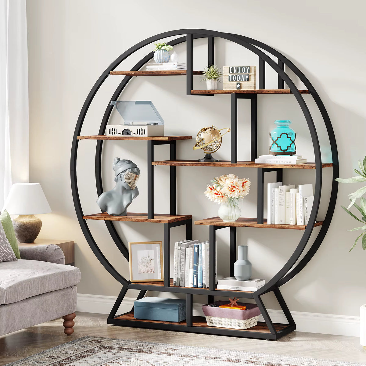Tribesigns 63-Inch Industrial Wood Bookcase with Staggered Shelves and Round Design