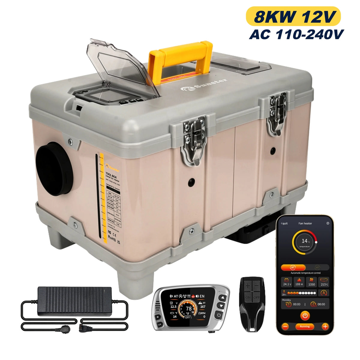8KW Portable Diesel Air Heater with Self-Cleaning and Bluetooth App, High Altitude Mode for 12V/220V RV, Truck, and Van Applications