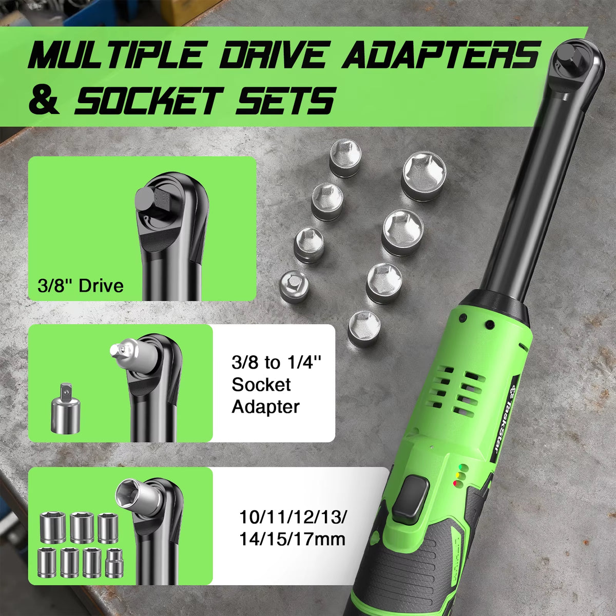 Taskstar 6-Inch Cordless Ratchet Wrench with Extended Reach, 3/8" Electric Wrench, 36.88 Ft-Lbs Torque for Automotive Repairs, Includes Two 2.0Ah Batteries and Integrated LED Work Light