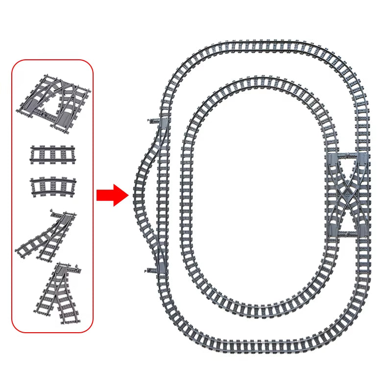 MOC 110-Piece City Train Track Set with 25 Styles of Single Slip Switches, Crossings, and Rails - Building Blocks Technical Toys for Children