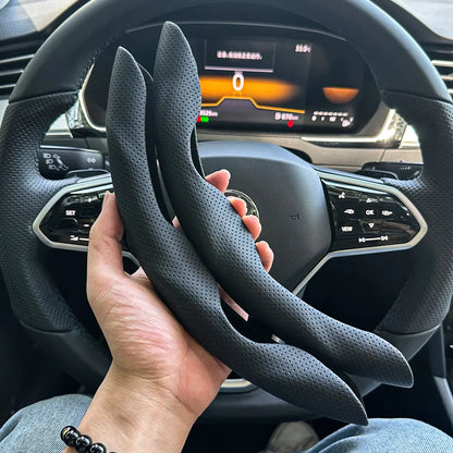Universal D-Shaped Leather Steering Wheel Cover with Ventilation Holes - 15 Inch, Sweat-Absorbent and Anti-Slip Accessory