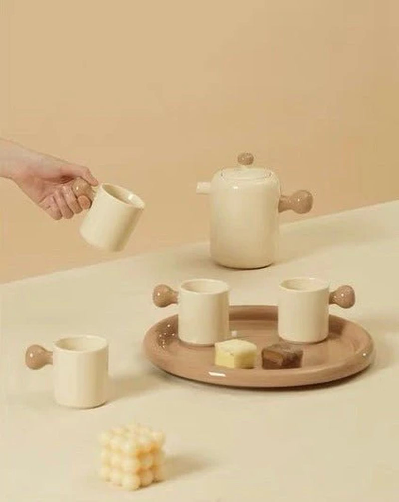 Cute Whimsical Dopamine Bauhaus Tea Pot & Tea Cups Set of 8 Pcs - Handmade Ceramic Teaset Gift Box