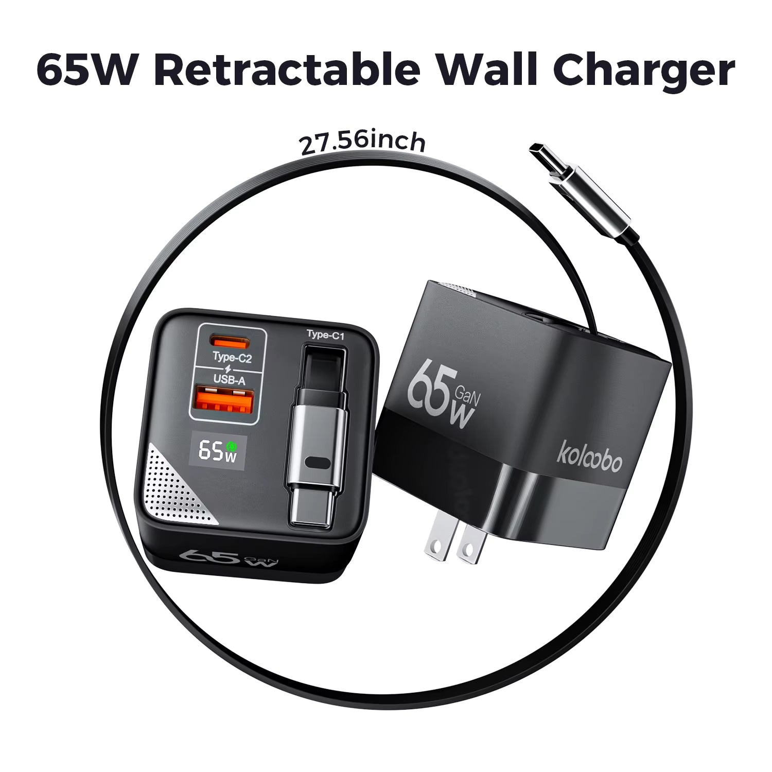 65W Gan Fast Charger Three-Port Charging Head Built-In 80Cm Retractable Typec Cable for Iphone16 15 14 13 Promax Xiaomi Samsung