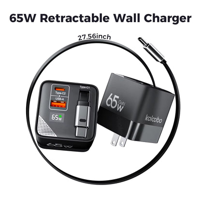 65W Gan Fast Charger Three-Port Charging Head Built-In 80Cm Retractable Typec Cable for Iphone16 15 14 13 Promax Xiaomi Samsung