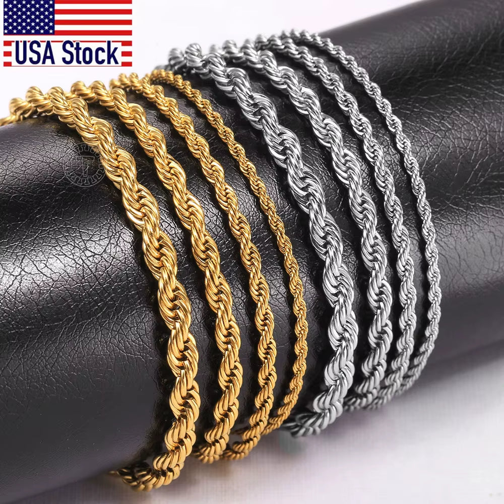 2/3/4/5Mm Stainless Steel Twisted Rope Chain Bracelets for Women Men Fashion Punk Bangle Length Adjustable 18Cm+5Cm