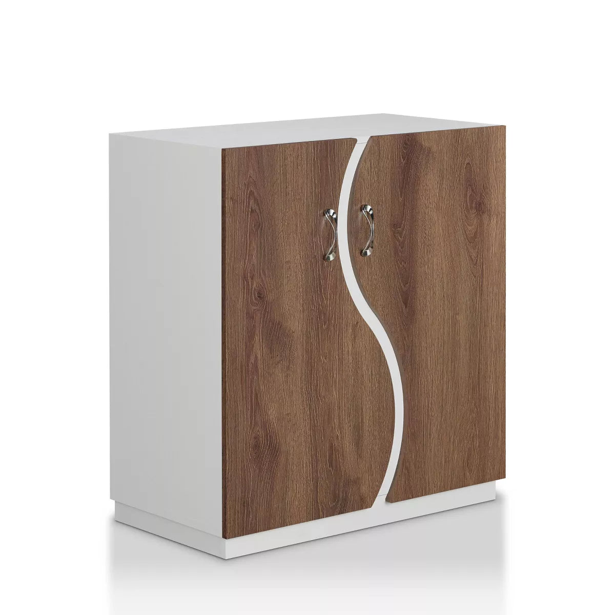 Contemporary 8 Shelf Shoe Cabinet White/Distressed Walnut: Adjustable, Freestanding Storage, Particle Board Construction