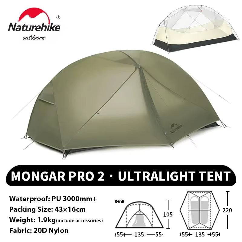 Naturehike Mongar PRO Ultralight Waterproof Tent for 1-3 Persons - 20D Nylon Camping and Backpacking Solution