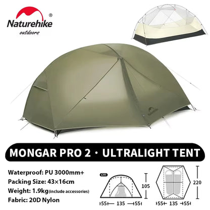 Naturehike Mongar PRO Ultralight Waterproof Tent for 1-3 Persons - 20D Nylon Camping and Backpacking Solution