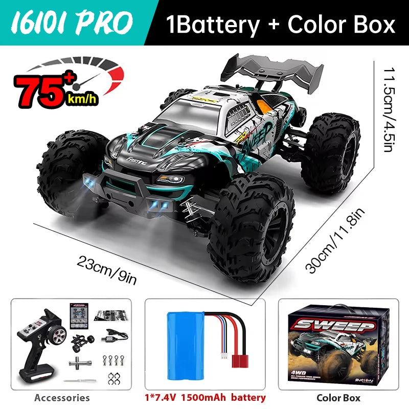 Wltoys 16101 Pro 1:16 Scale 75KM/H 4WD Remote Control Car with LED Lights - High-Speed Drift Monster Truck for Children