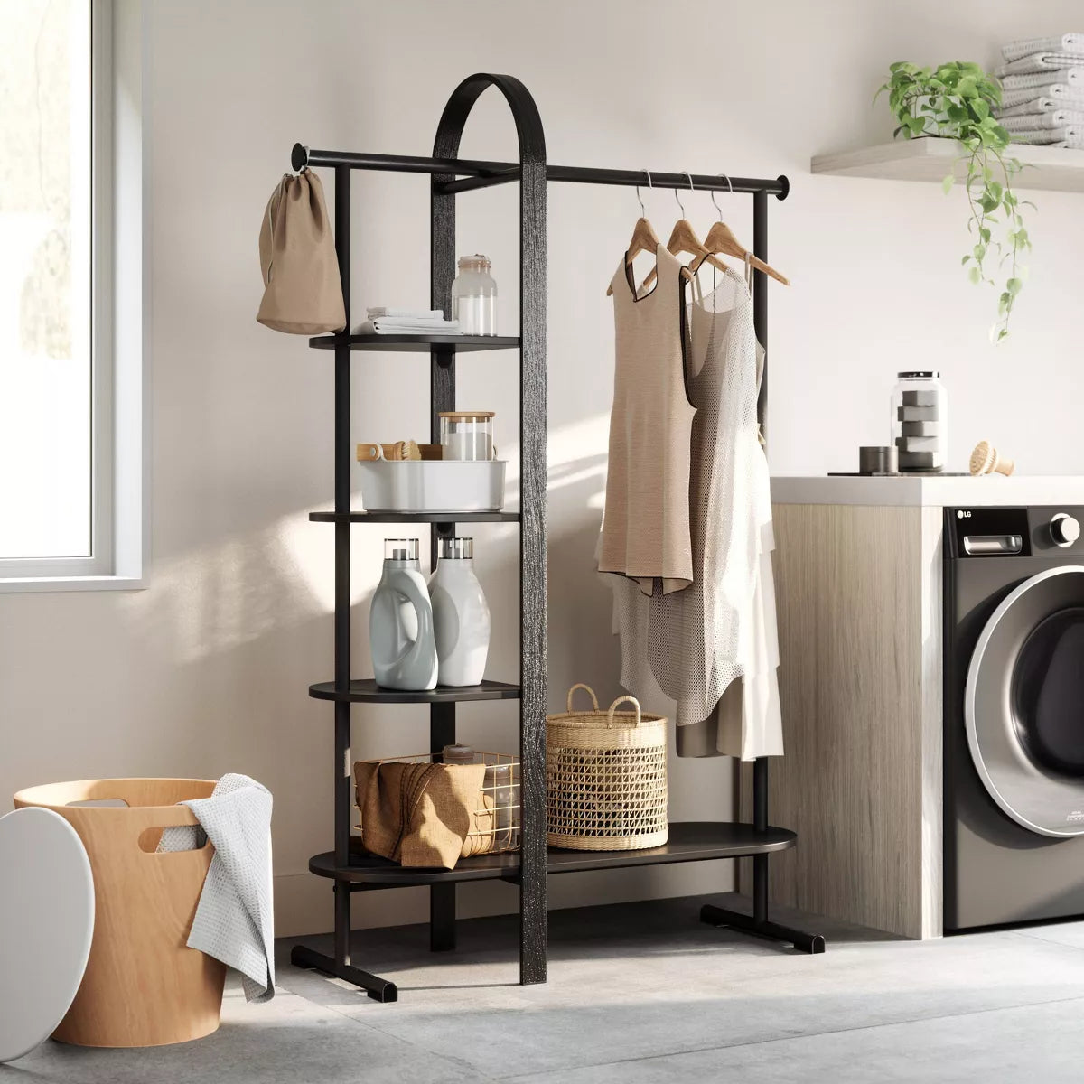  Garment Rack Black: Eucalyptus Frame, Fixed Rod & Shelf, 65.74" Height, 121 Lbs Capacity, Assembly Tools Included