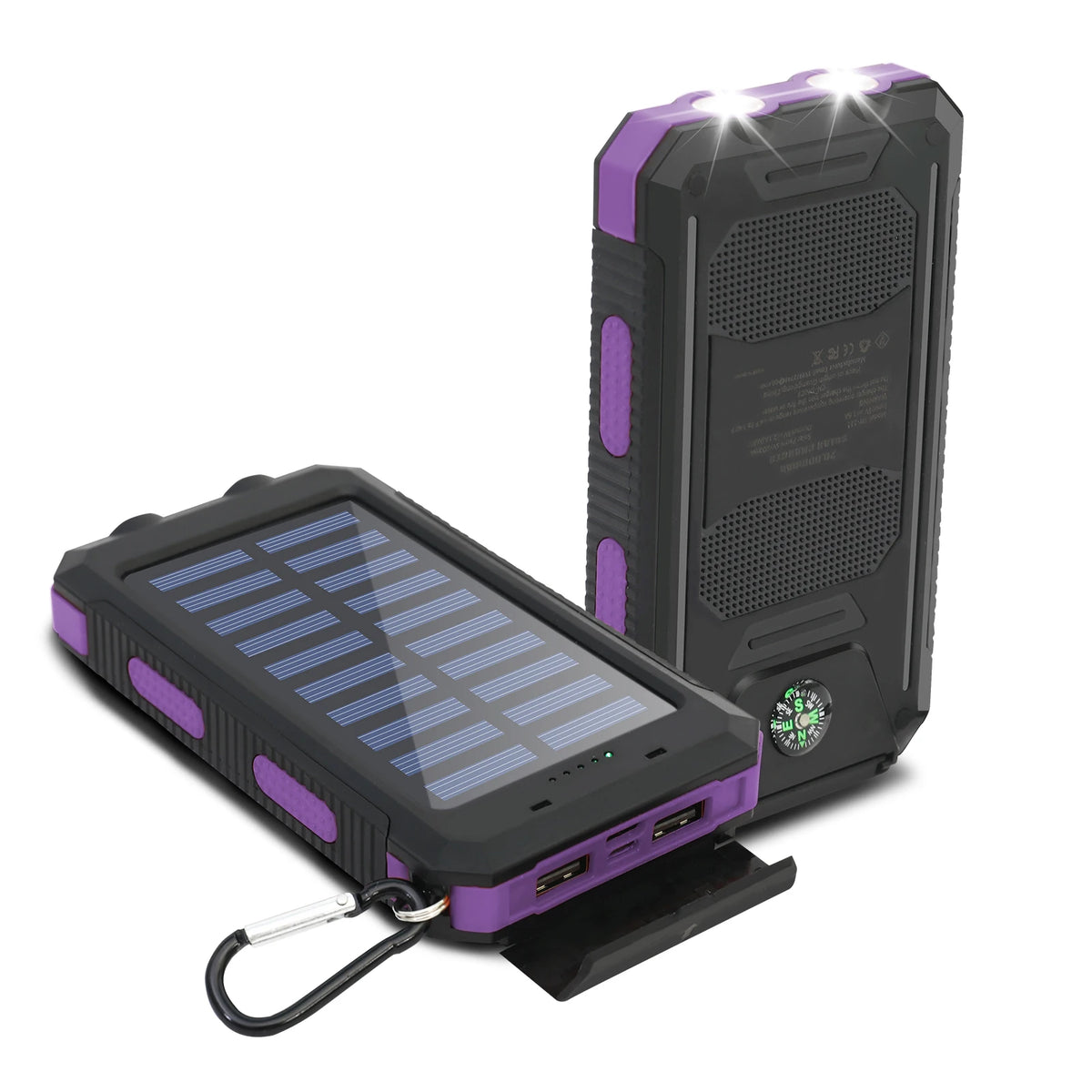 20000mAh Waterproof Solar Power Bank with Dual 5V USB Ports, LED Flashlight, and Compass for Outdoor Camping