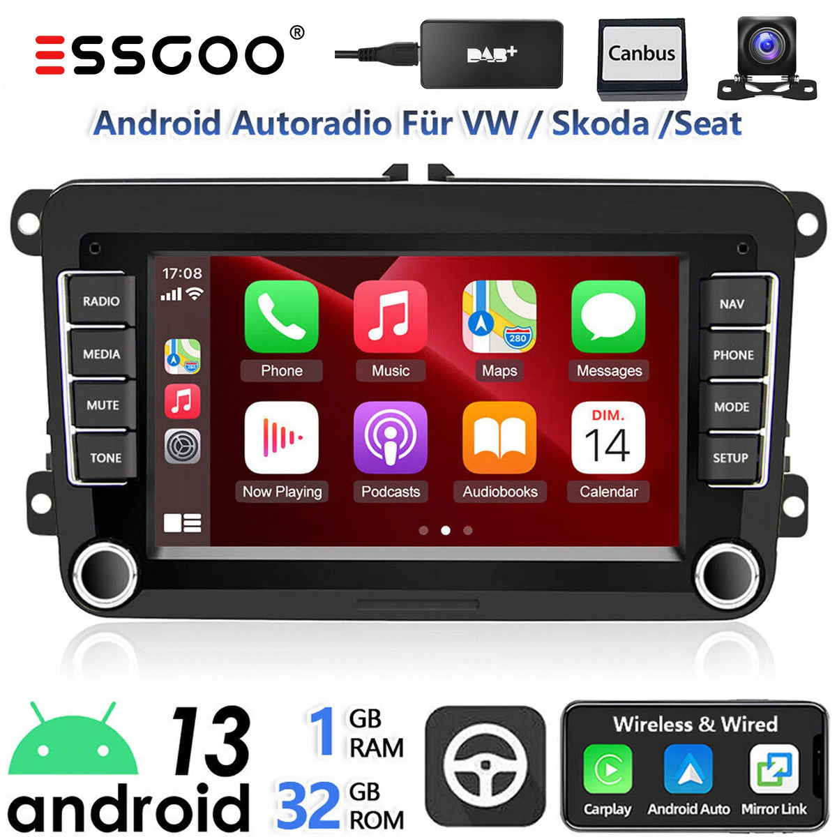 ESSGOO 7-Inch Android Car Stereo with 4G RAM, 64G Storage, Apple CarPlay, ChatGPT, GPS, WiFi, RDS, and Bluetooth Compatibility for VW Golf 5/6, Passat, Polo, Touran, Tiguan, Caddy, and EOS