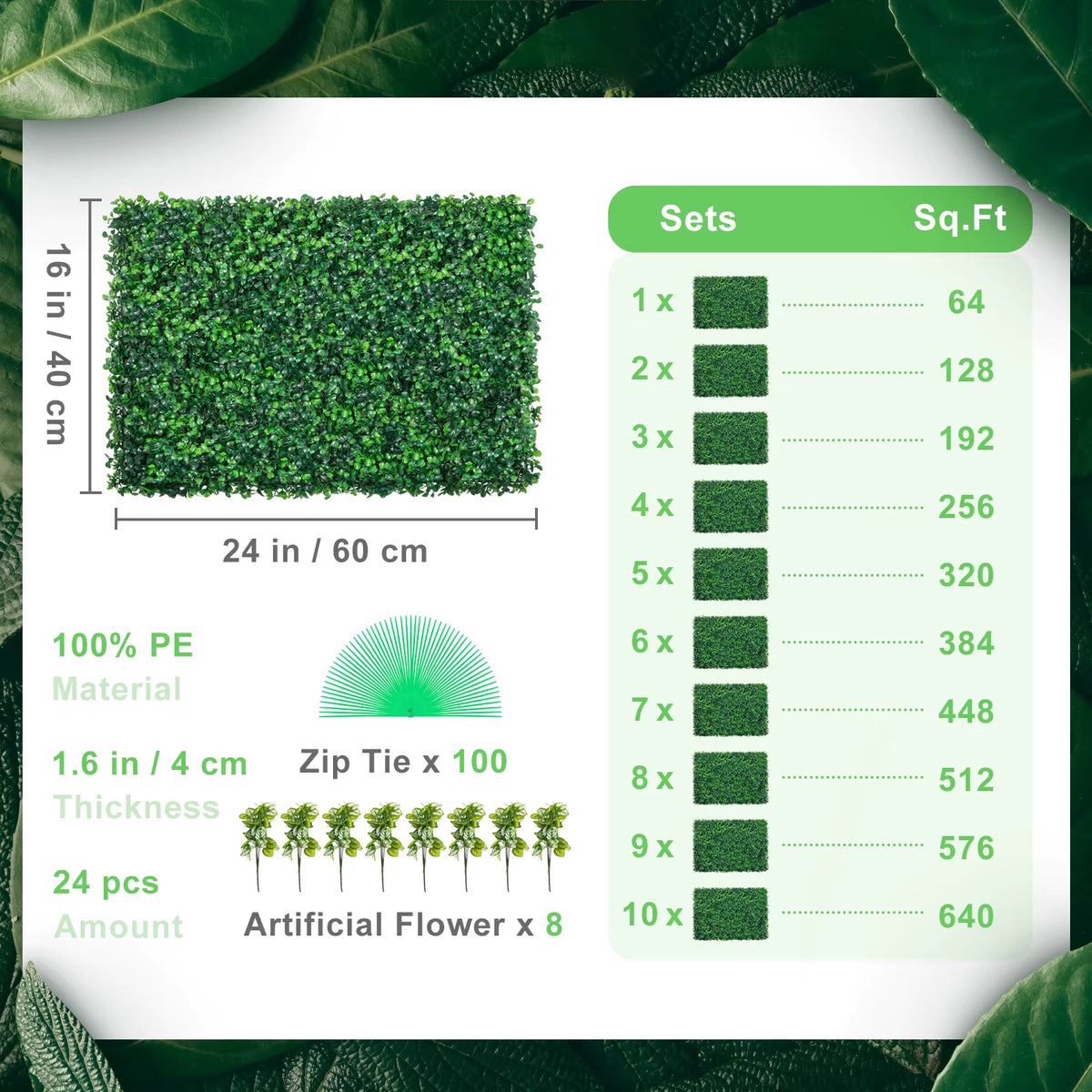 Succebuy Artificial Boxwood Hedge Wall Panels - 24 Pieces, 20x20/24x16 Inches, Green Grass Backdrop for Decorative Use