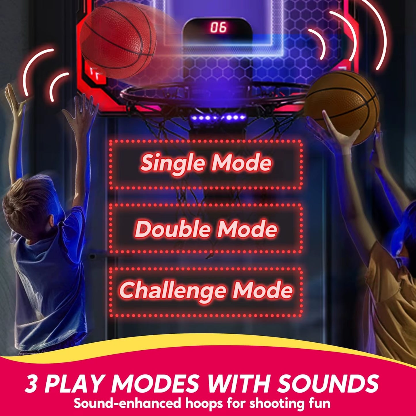 JOYFY Mini Indoor Basketball Hoop Light up over the Door Basket Ball Hoop for Kids Toys Birthday Gifts with Scoreboard & 4 Balls