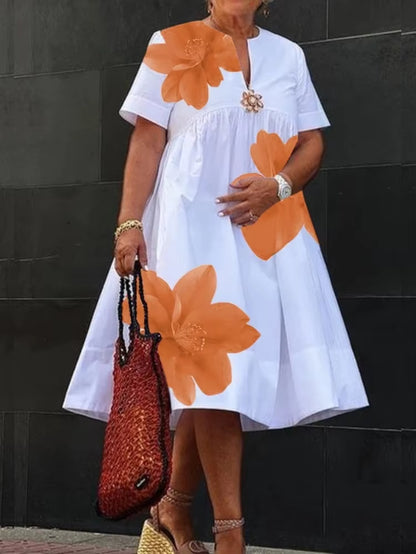 Women Midi Shirts Dress Summer New Dress 2025 V-Neck Pleated Short Sleeves White Loose Casual Flower Print A-Line Dresses
