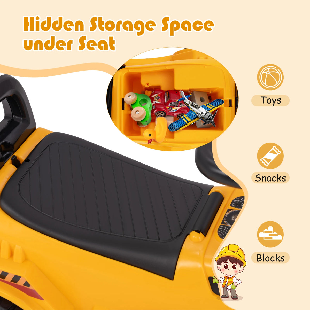 Children's Ride-On Excavator with Adjustable Shovel, Anti-Tipping Block, and Engine Sound Features
