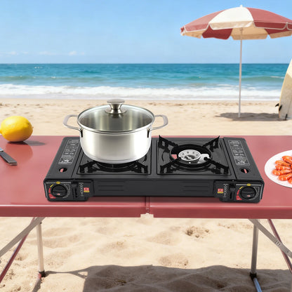 Portable Dual Burner Gas Stove with Piezo Ignition and Carrying Case - 2x2500W High Power LPG/Butane for Camping, Picnics, and Parties