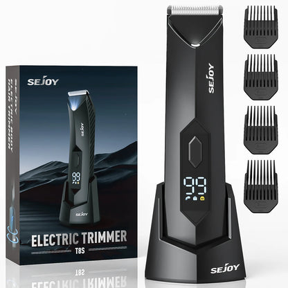 Men's Body Hair Trimmer with LED Light - Electric Grooming Device for Groin, Chest, and Legs with Ceramic Blades and Travel Lock - IPX7 Waterproof for Wet/Dry Use