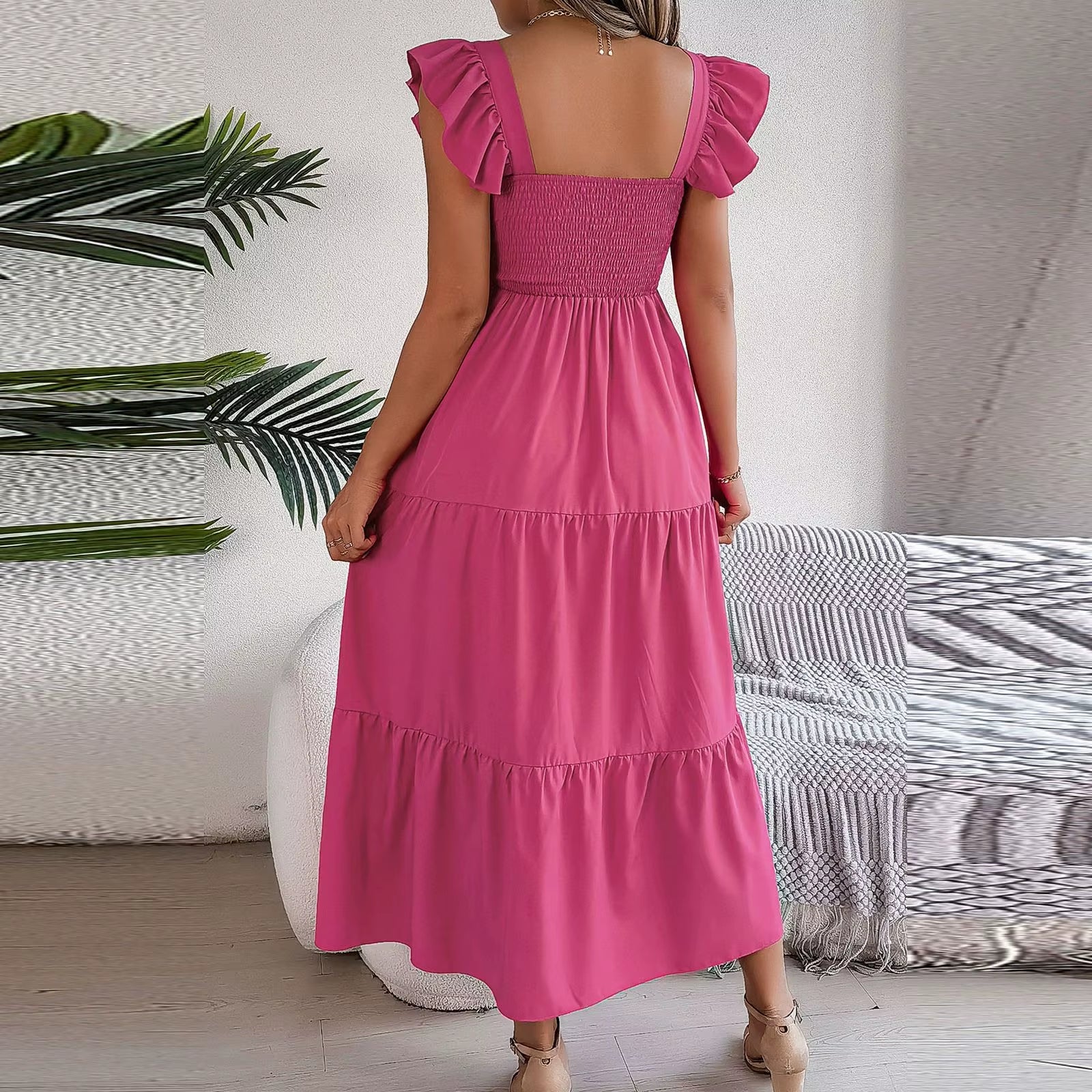 2024 Summer Solid Tank Long Dress for Women Square Collar Sleeveless A-Line Maxi Dress Backless Slim Waist Pleated Beach Dresses