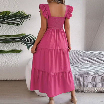 2024 Summer Solid Tank Long Dress for Women Square Collar Sleeveless A-Line Maxi Dress Backless Slim Waist Pleated Beach Dresses