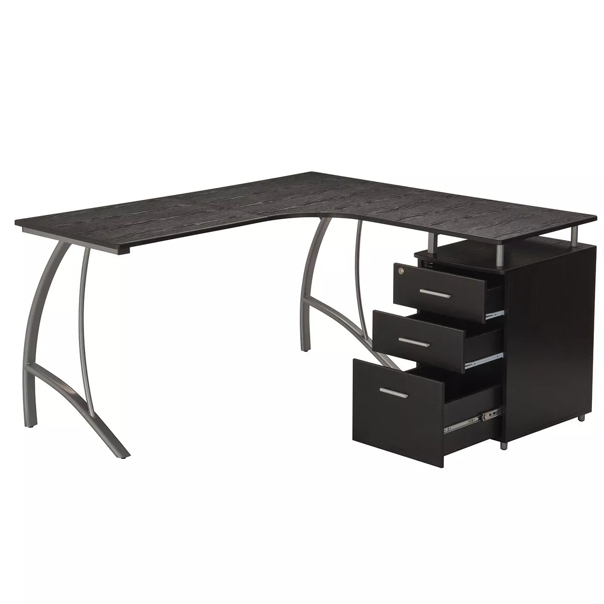 Modern L Shaped Computer Desk with File Cabinet and Storage Espresso Brown: Office Workstation, MDF & Steel Construction