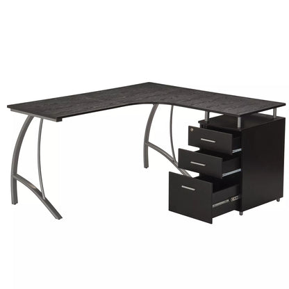 Modern L Shaped Computer Desk with File Cabinet and Storage Espresso Brown: Office Workstation, MDF & Steel Construction