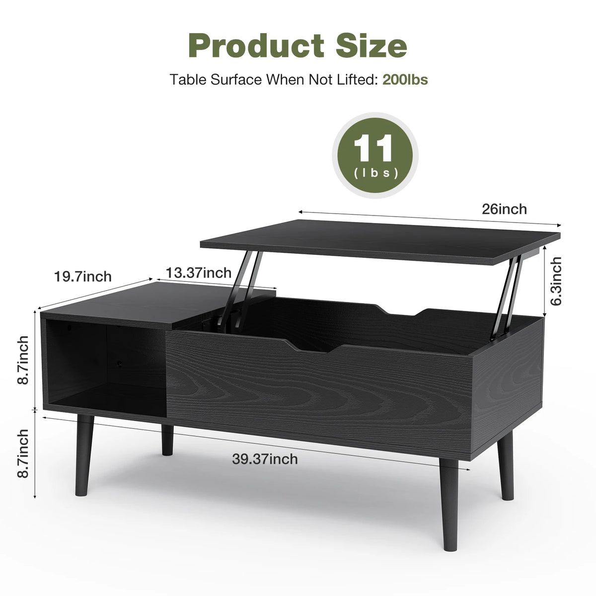 JHK Adjustable Lift Top Coffee Table for Living Room - 39.37" x 19.7" with Storage Shelf and Easy Lift Mechanism