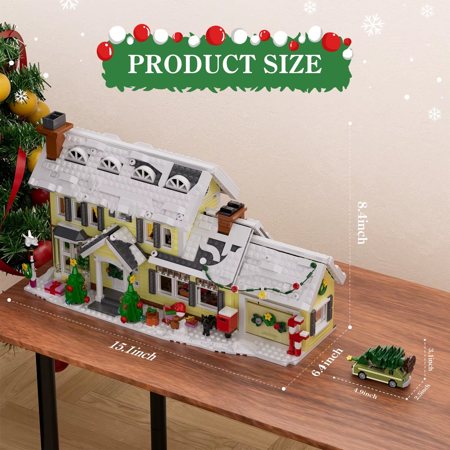 Christmas Holiday House Building Set Christmas Holiday Snow Village Blocks Toys with Clark'S Car,Gifts for Boys, Girls(1484Pcs)