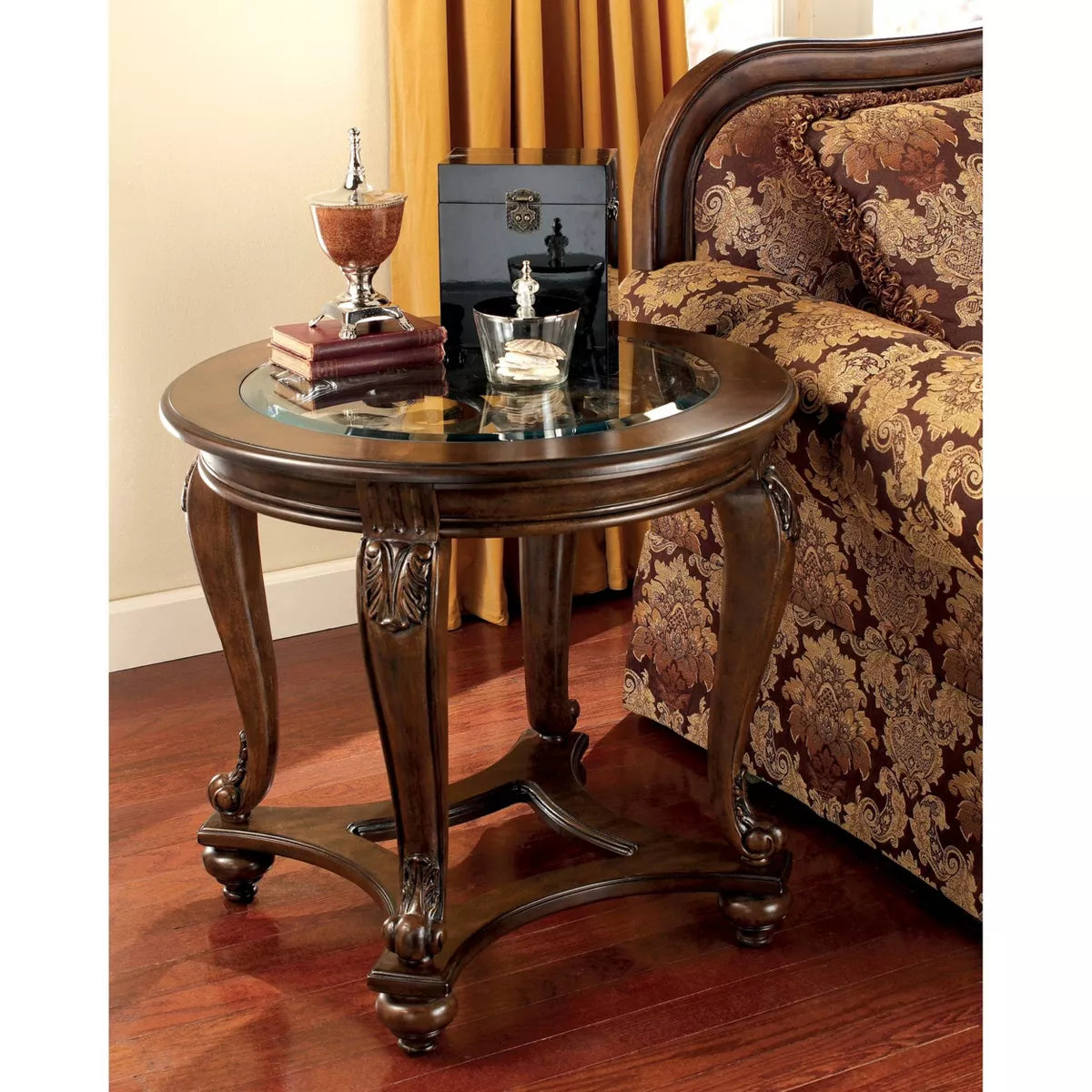 Norcastle End Table Dark Brown : Beveled Glass, Metal Accents, Wood Legs