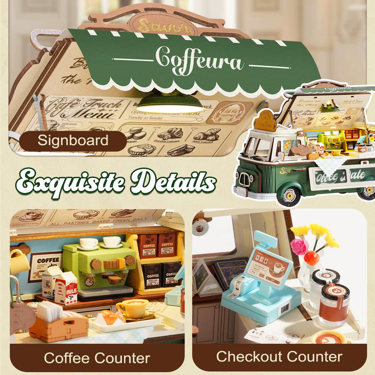 Rolife Wooden 3D Puzzle Leo's Coffee Truck Model Building Kit - DIY Miniature Dollhouse for Home Décor and Gift for Adults and Teens