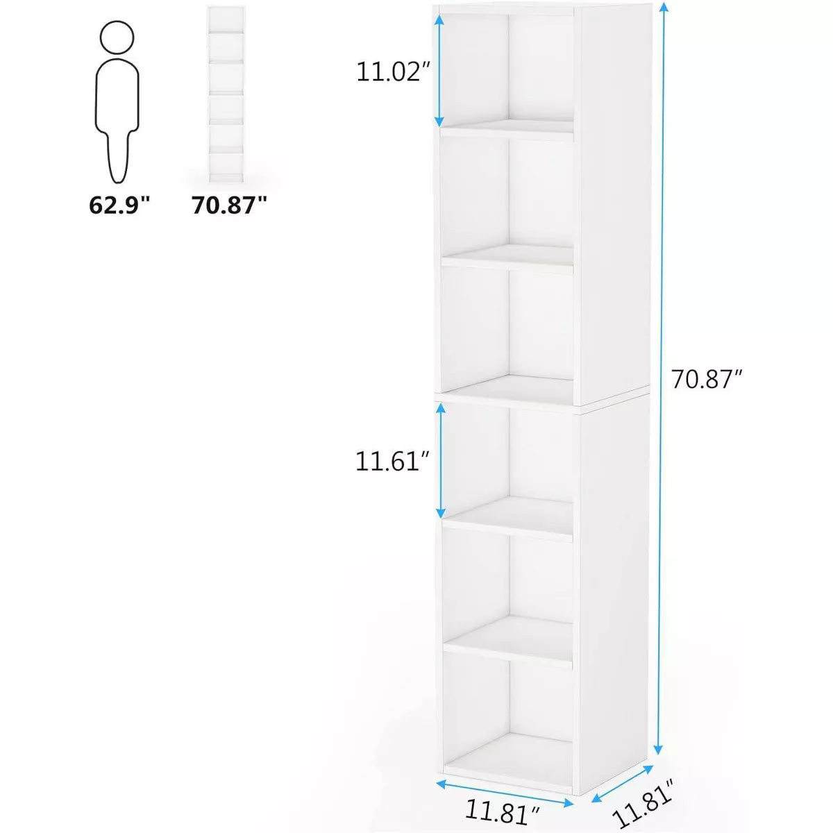 70.9" 6 Tier Narrow Bookshelf White