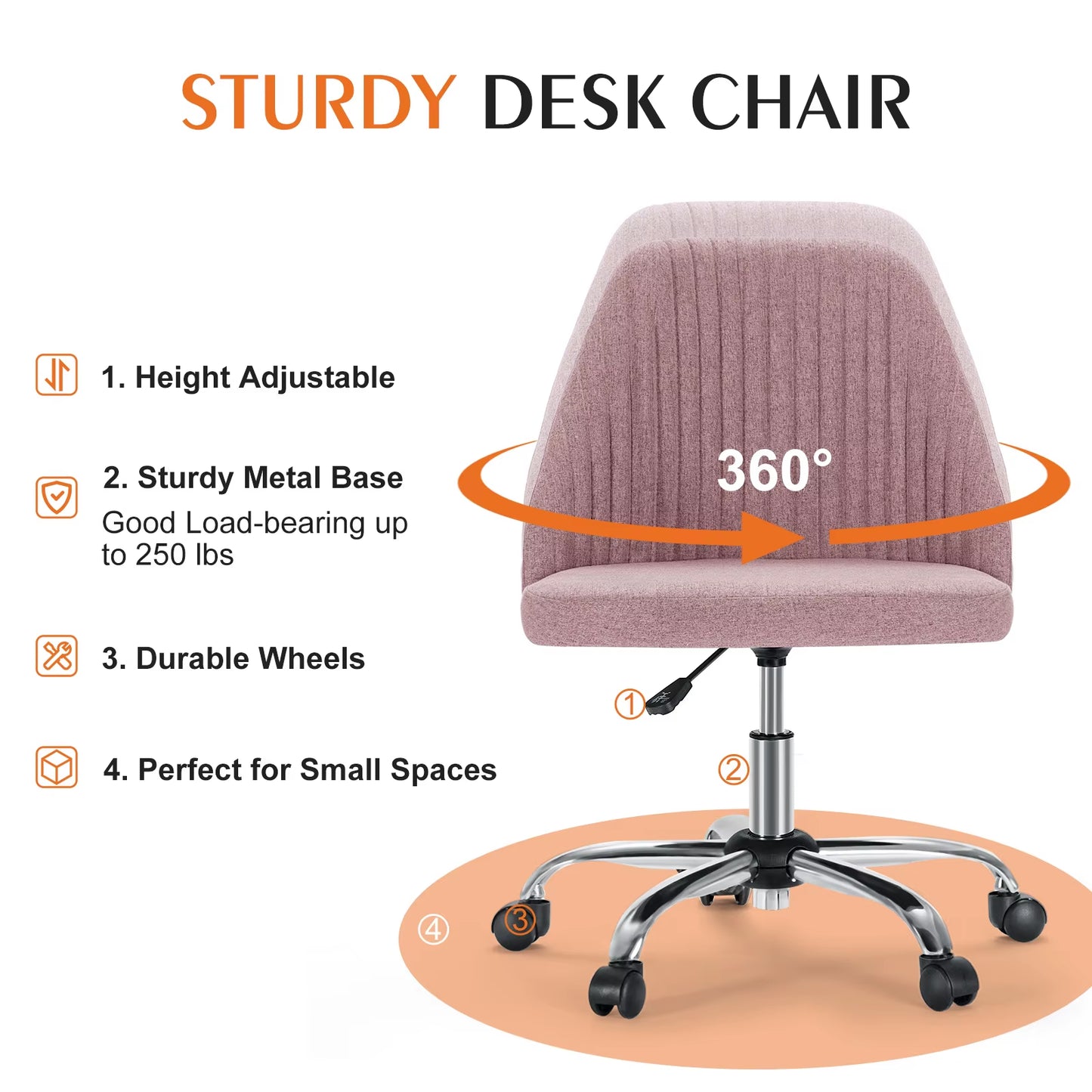 Armless Small Desk Office Chair Cute Vanity Swivel Chair with Back Modern Fabric with Wheels Swivel Task Home Gaming Chair
