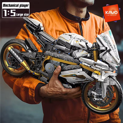 KAVOWORLD 1:5 Scale Motorcycle Desktop Ornament Building Blocks Set - 2045PCS Technic Motorbike Model Kit for Sport Bike Enthusiasts and Gift Giving