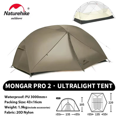 Naturehike Mongar PRO Ultralight Waterproof Tent for 1-3 Persons - 20D Nylon Camping and Backpacking Solution